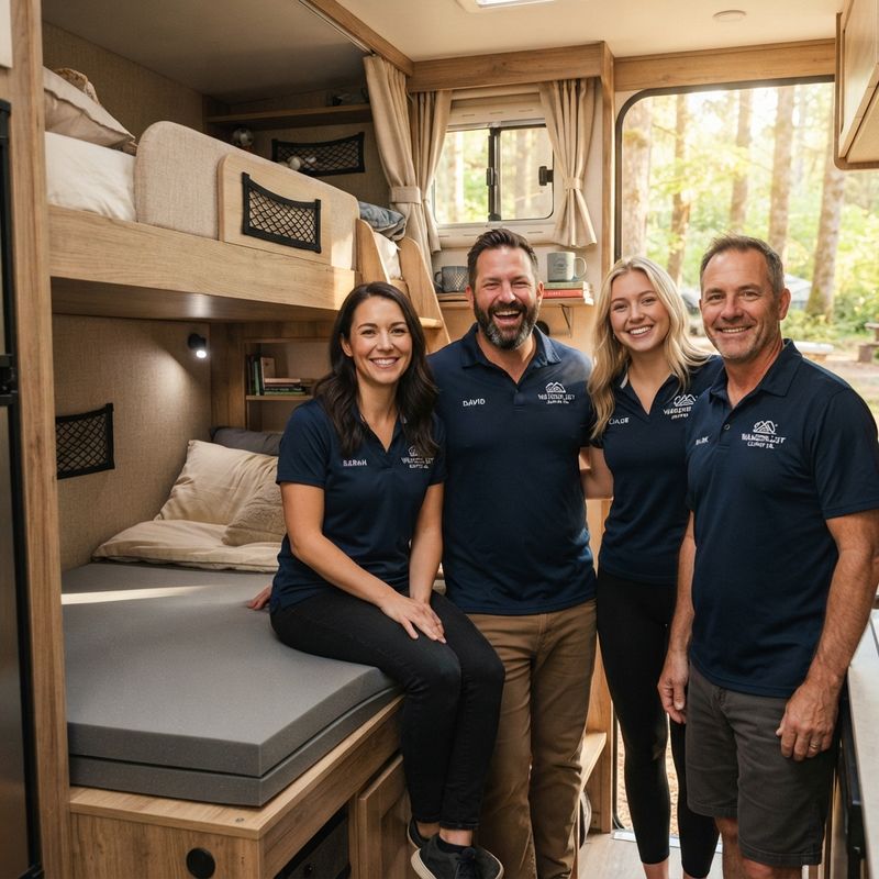 Fortnight Bedding foam mattress being made up on a camper bunk
