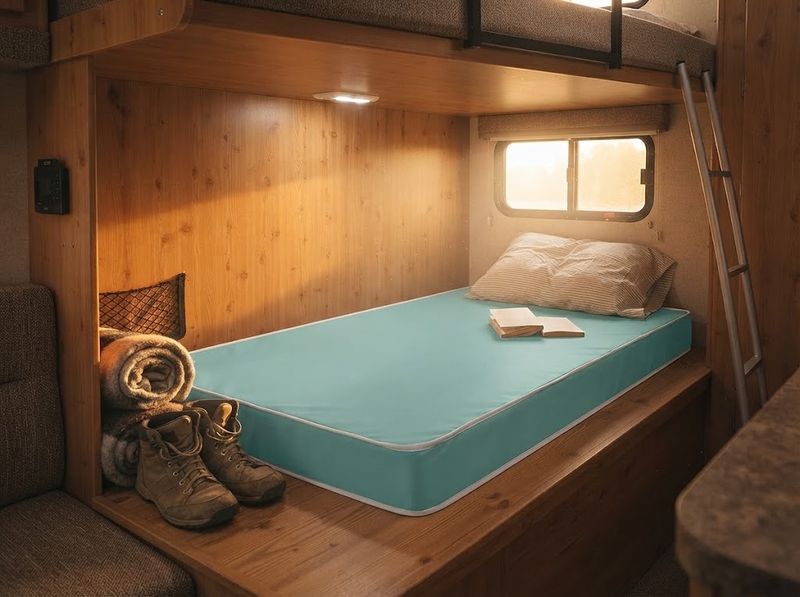 Waterproof vinyl-covered foam mattress on a child's low bed frame