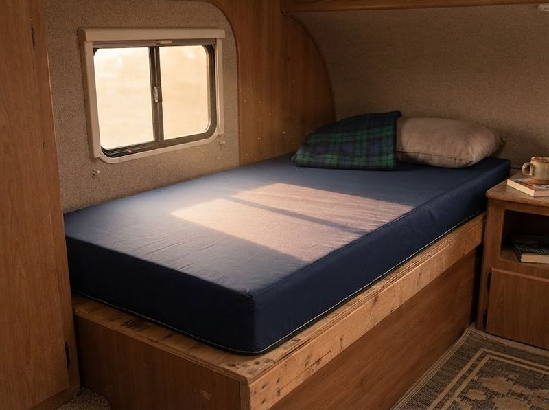 Foam mattress laid directly on a plywood platform bed in a van conversion