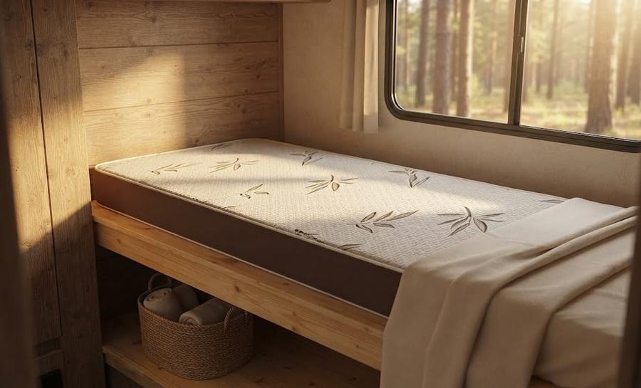 Gel memory foam cot mattress made up in an RV bunk