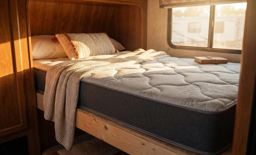 Pocket-coil hybrid mattress on a camper slide-out platform