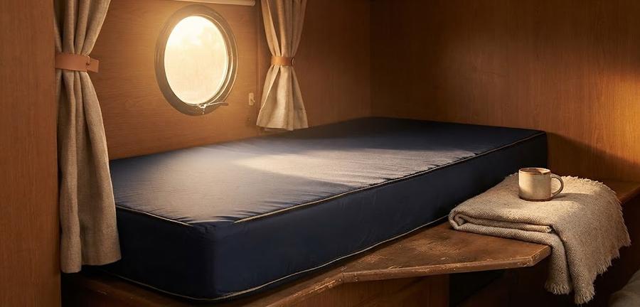Twin XL foam mattress on a dorm-style bed rail